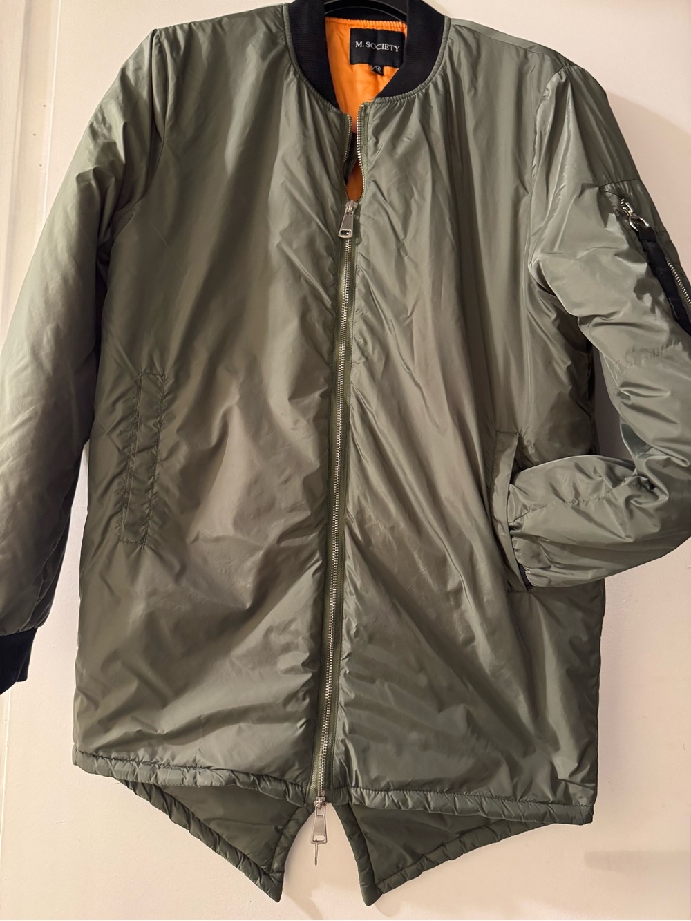 M. Society Men's Olive Green Long Bomber Jacket Full Zip Band Collar Pockets M